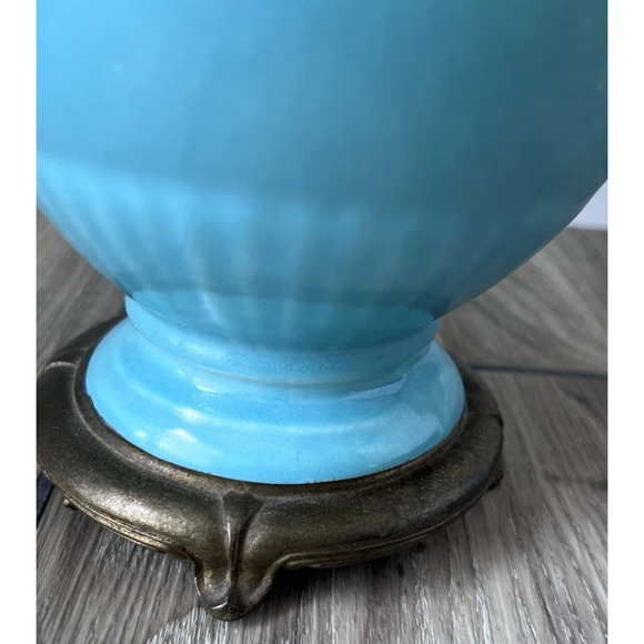 Vtg Mid Century Robins Egg Blue Ceramic Asian Ginger Jar & Brass Base Table Lamp - Picture 5 of 11